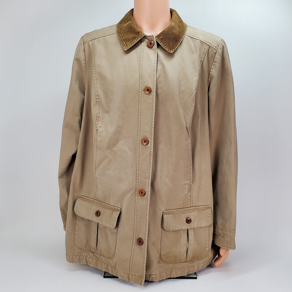 LL Bean Barn Jacket Womens 2X Tan Cotton Canvas Plaid Lined Field Coat Cotton